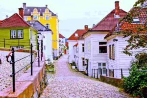 Cobblestoned streets and wooden houses in charming bergen