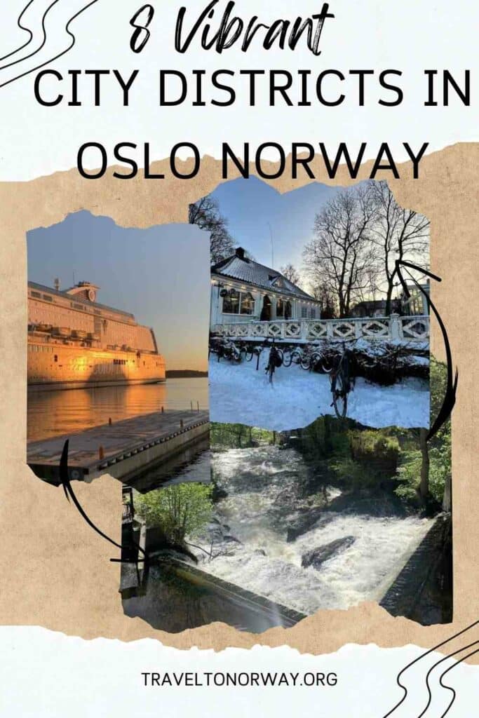 Photo collage from Oslo: The big ferry harbor, the cute cafe in Frognerparken in winter, and a waterfall along the Akerselva River. 
