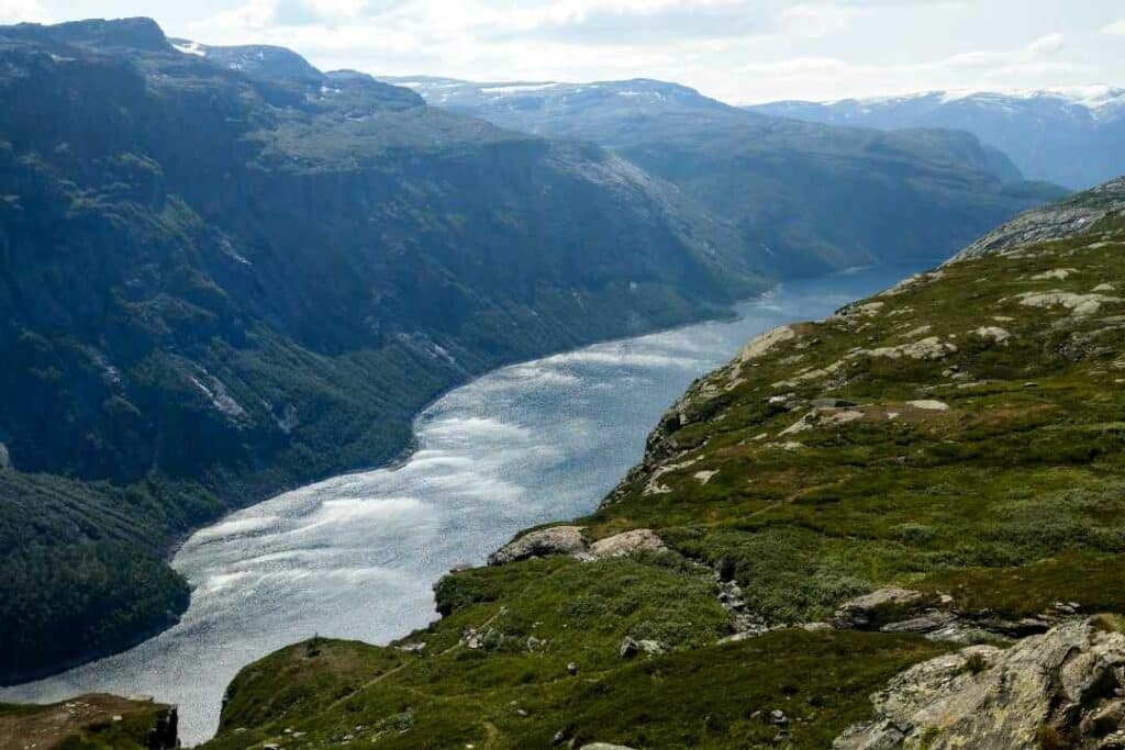 Scenic photo from the western part of Hardangervidda with incredible views of a long narrow fjord below the mountain plains. 