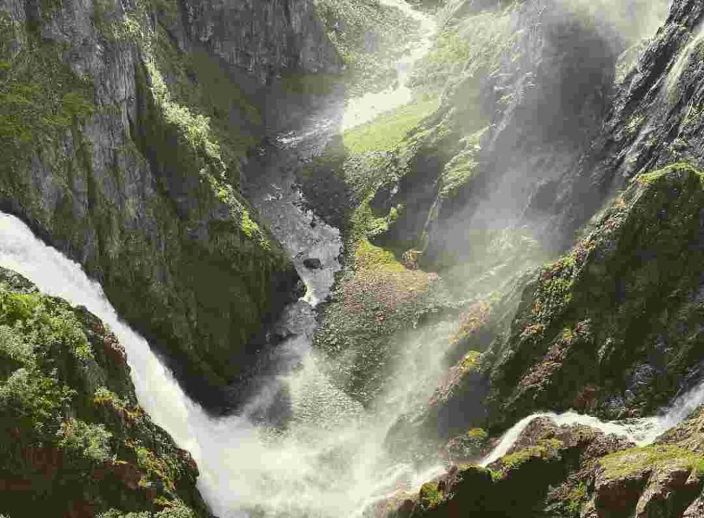 Vøringsfossen Waterfalls outside Bergen, wild whitewater waterfall in a green gorge with amazing views
