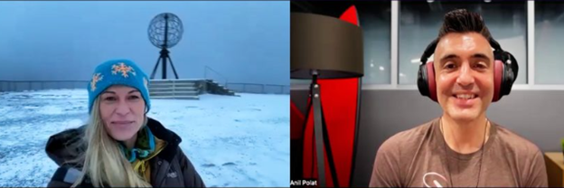 Photos of me in front of the North Cape globe, and Anil in FoXnoMad in his office, during a podcast zoom call