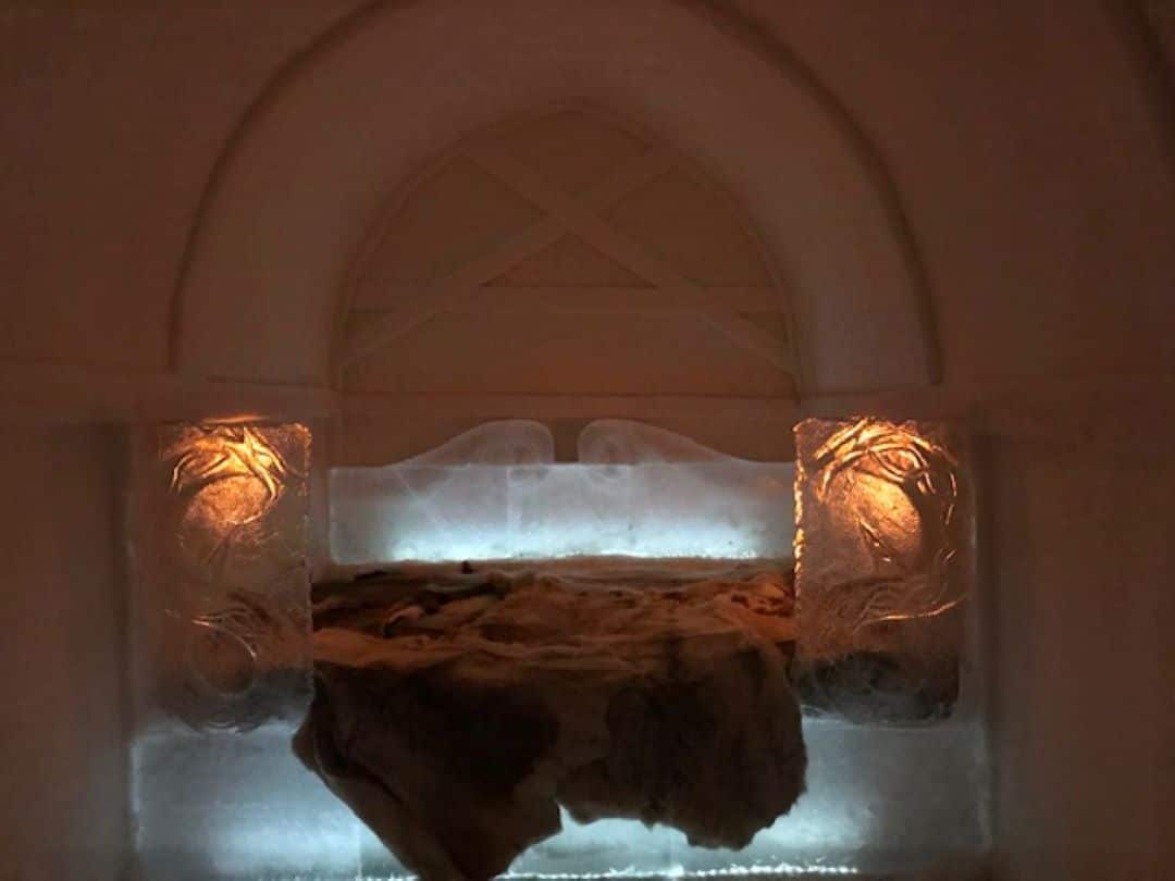 Spectacular bedroom in the ice hotel in Alta, where you can sleep on an ice bed in an ice-castle lookalike bedroom. 
