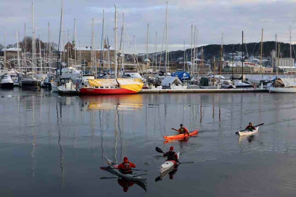 Kayakers on the inner Oslo Fjord on a bright day with calm dark waters next to the marina