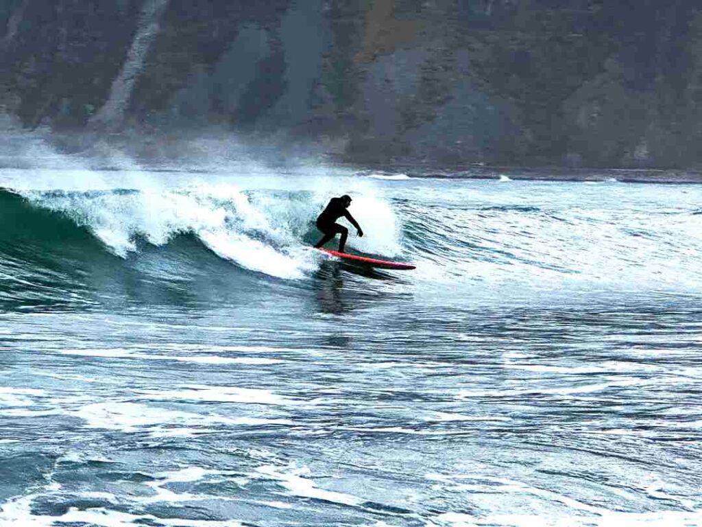 A surfer in a black suit catching a wave in ice cold arctic dark green waters in Lofoten, north in Norway above the arctic circle. 