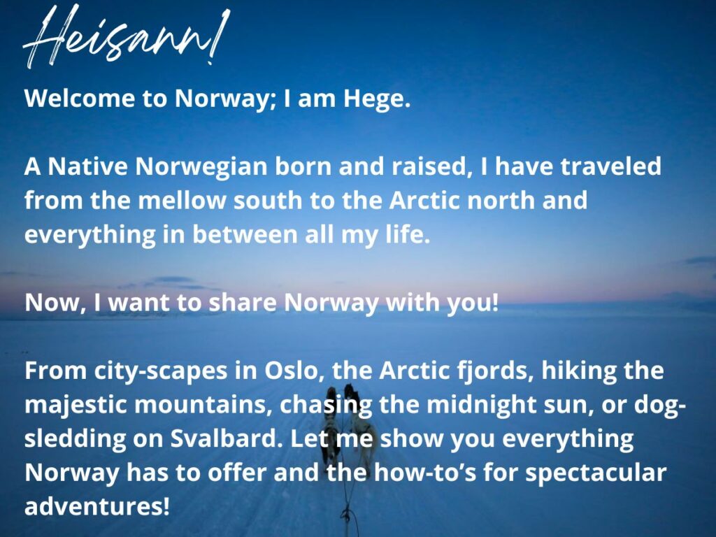 A bluish winter landscape behind the text where I welcome you to my travel blog about Norway