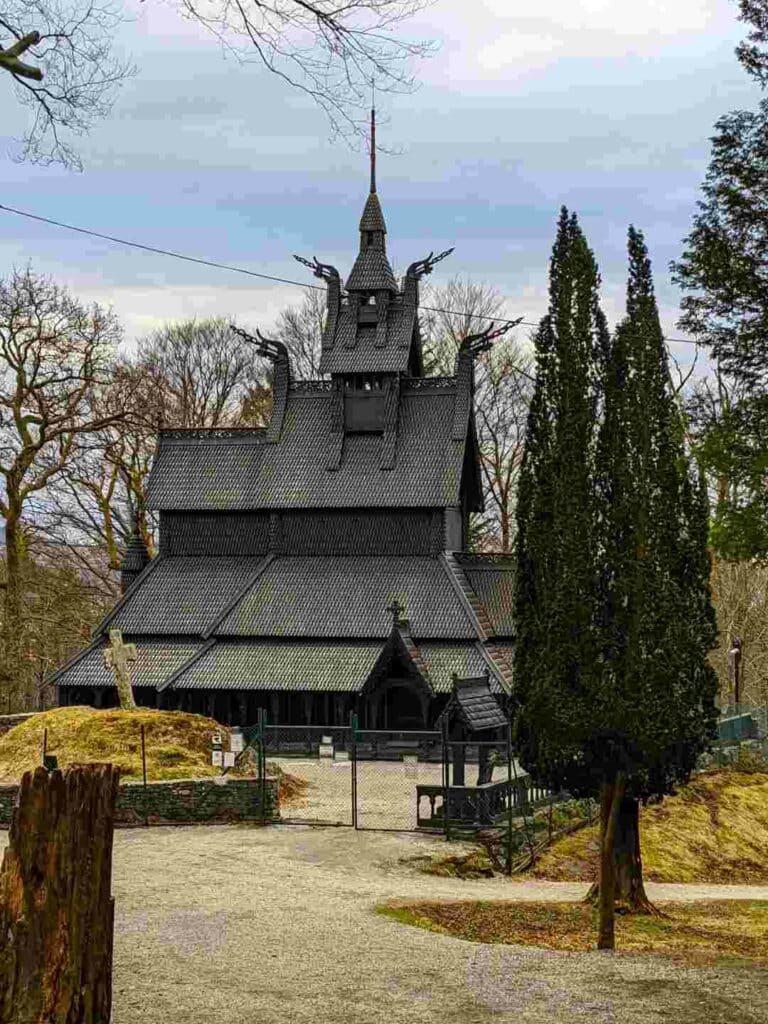 The famous Fantoft Stave Church outside Bergen with its remarkable wooden structure, laterd roof with art details and many decorative speers