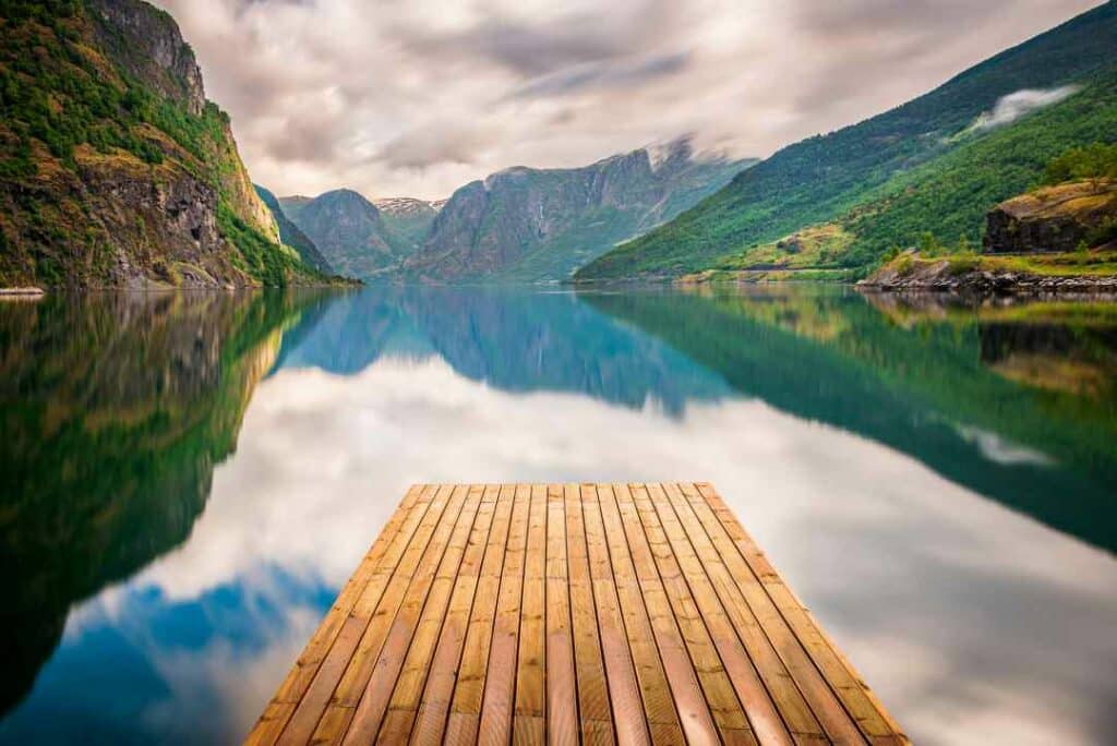 Beautiful fjord view in Flåm, Norway at the end of summer when the nature and the mountains are about to change color