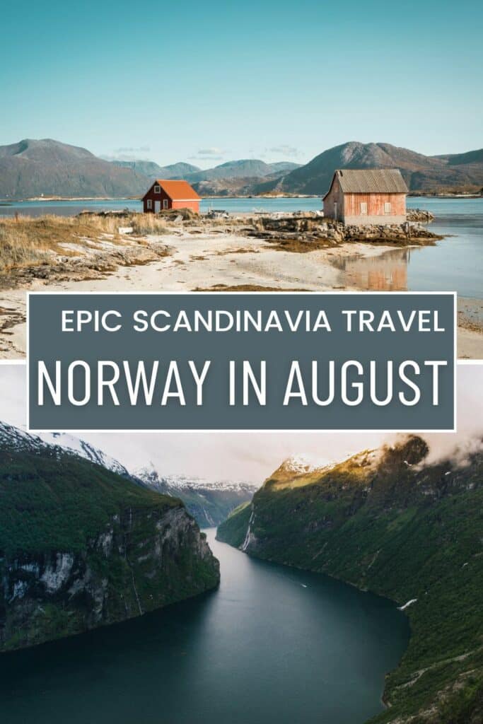 Photo collage of a white sandy beach with two small red fishing houses along the water line under a blue sky, and a deep narrow fjord with steep mountains on each side