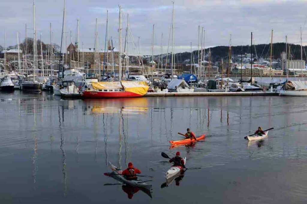 People kanoeing in the Oslo Fjord among the boats along the jetty, which you can do all  year round