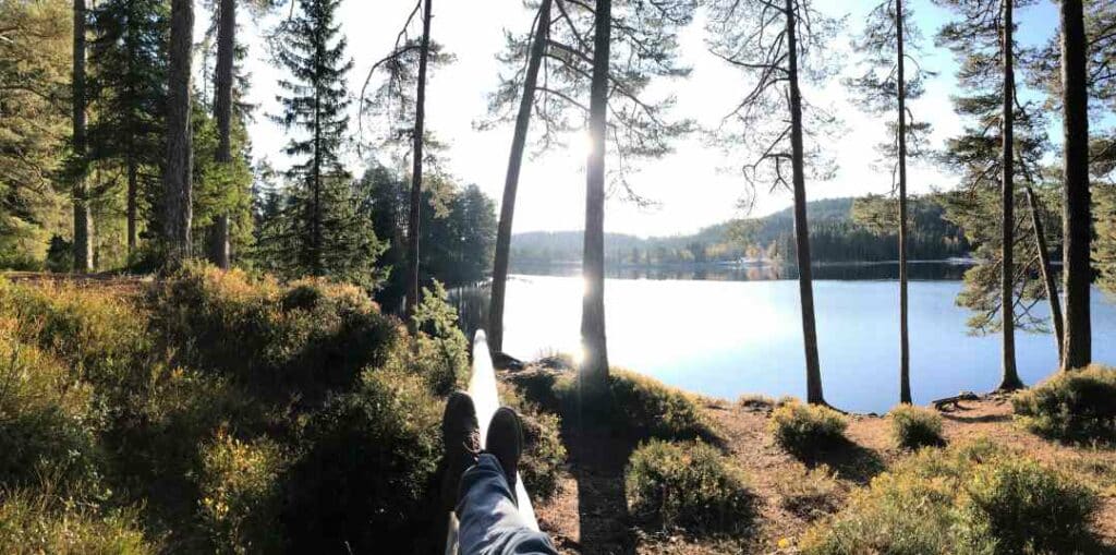 A person relaxing by a forest lake on a sunny summer day, only his legs and boots is visible before the blank water between the trees