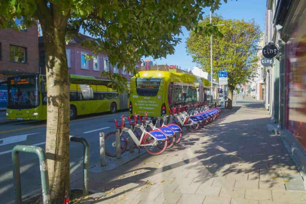 A city street on a sunny summer day with green trees, green buses, and city bikes in a row for rental