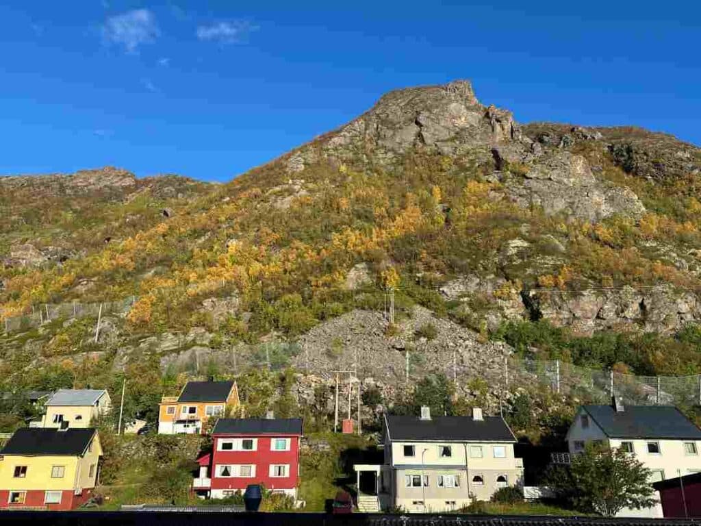 A row of small houses in different colors in a green hillside in a barren Arctic landscape