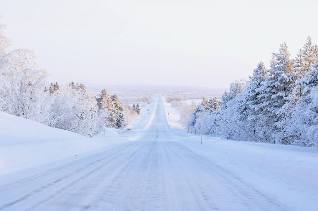 Winter driving in Norway: A snow covered long road in winter surrounded by snow covered trees in bright white daylight