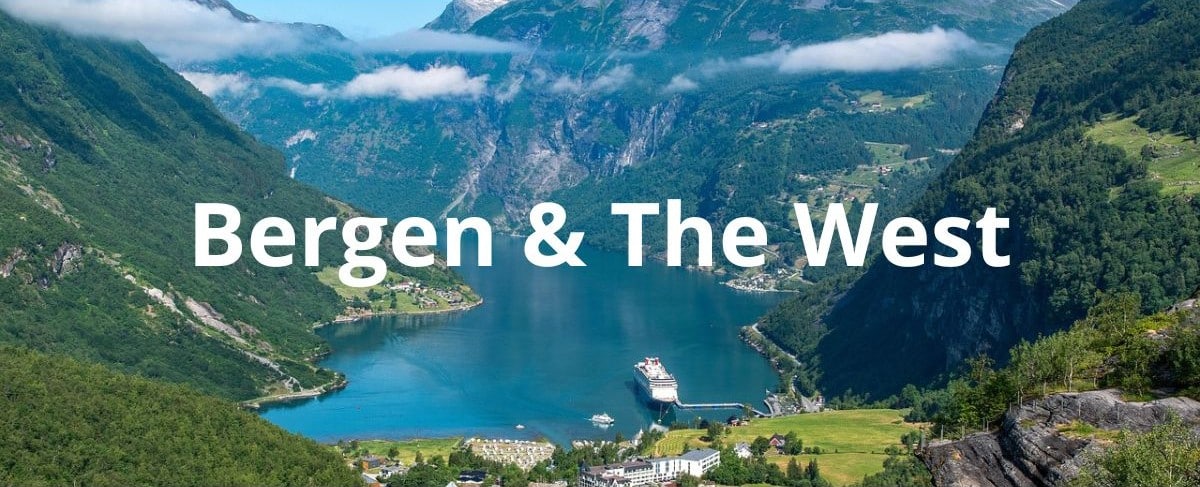 Stunning views from a green mountain top over rows of mountains and fjords with dark blue waters under a clear blue sky with dotted white clouds in the sunshine in Norway during summer - Bergen and the north west