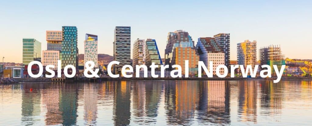 The Oslo skyline, a modern row of architectural gem high rises, in the sunset, 