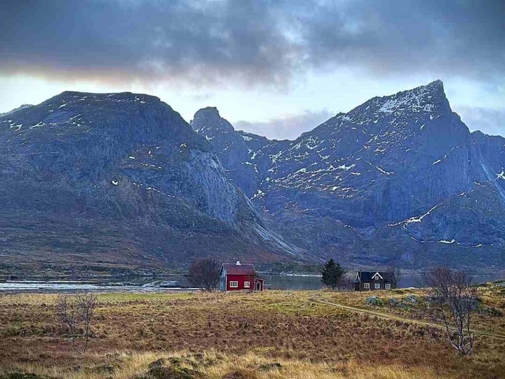 Two single wooden houses in the distance across a yellow grass field, with a backdrop of majestic mountains partly covered in snow in Lofoten, Arctic Norway on an autumn day